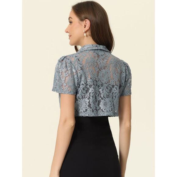 Floral Lace Shrug Work Crop Cardigan Wedding Guest Elegant Bolero Grey Blue - Picture 3 of 6